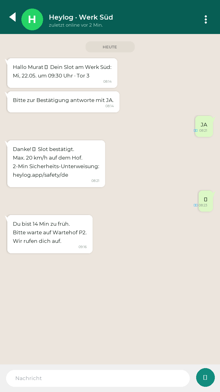 WhatsApp-Slot-Bestätigung in der Sprache des Fahrers