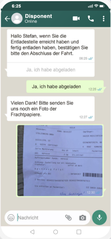 Echter WhatsApp-Chat: Disponent bittet um Abschlussbestätigung, Fahrer schickt Foto der Frachtpapiere