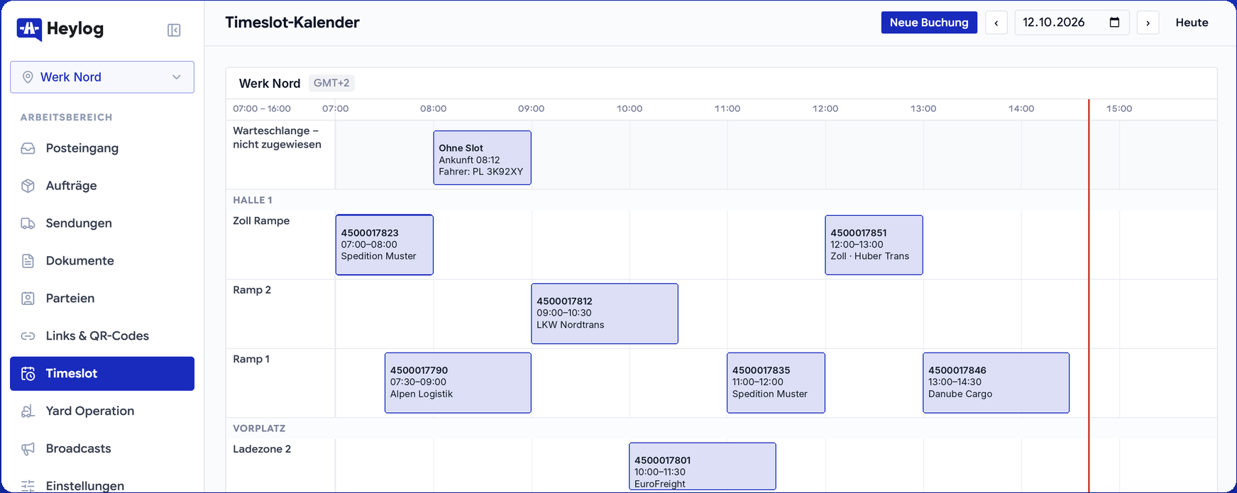 Heylog Timeslot-Kalender mit Zeitfensterbuchungen pro Rampe und Warteschlange ohne Slot