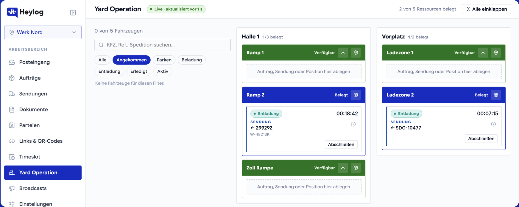 Heylog Yard Operation: Live-Hofboard mit Rampen, Ladezonen und laufender Entladung in Echtzeit