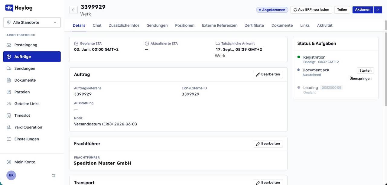 Heylog V3 — Auftragsansicht mit ETA, Statuskette und allen Modulen in einer Oberfläche.