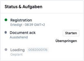 Status und Aufgaben im Auftrag: Registration erledigt, Document ack ausstehend und Loading geplant.